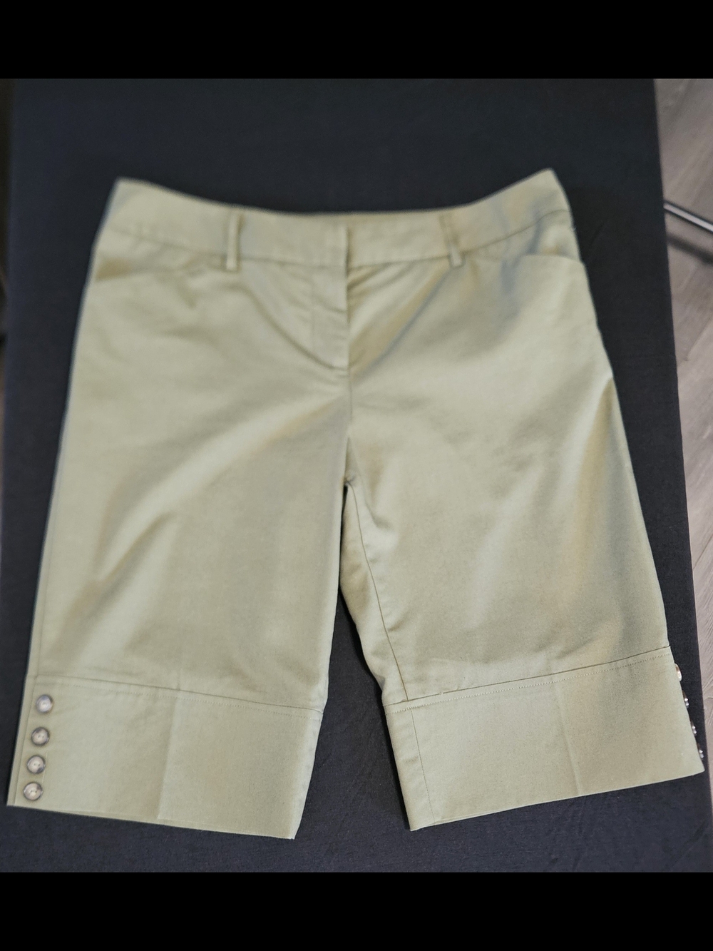 Iz Byer Olive Green Bermuda Shorts with Hem Button Detail